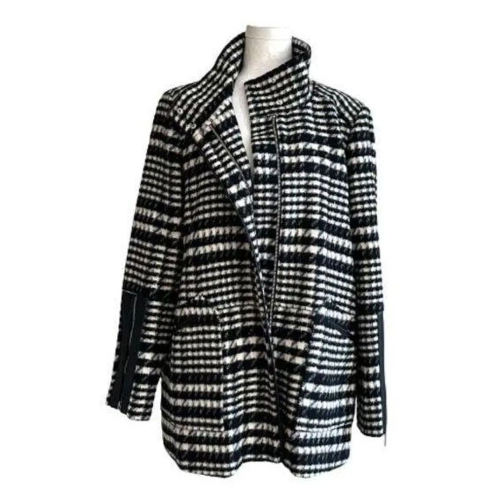 RAFAELLA Black White Brushed Plaid Faux Leather Detail Outerwear Car Coat Large